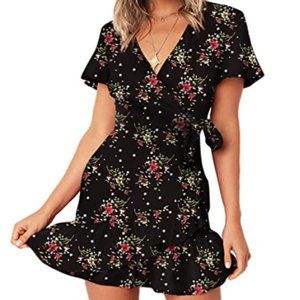 Women's Floral & Black Mini Wrap Dress Size XS